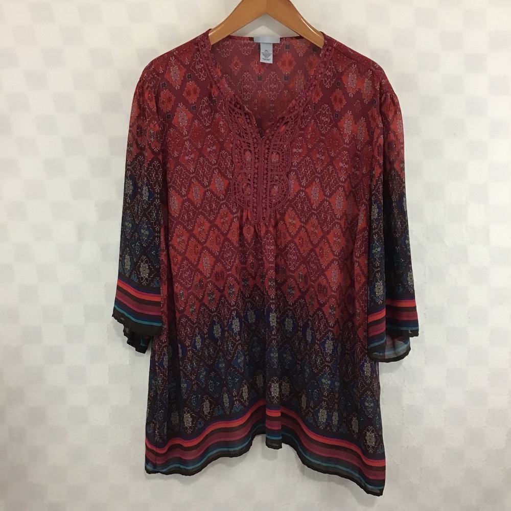 Catherines Womens 2X Red Medallion Print Crochet‎ V-Neck 3/4 Sleeve Tunic Top